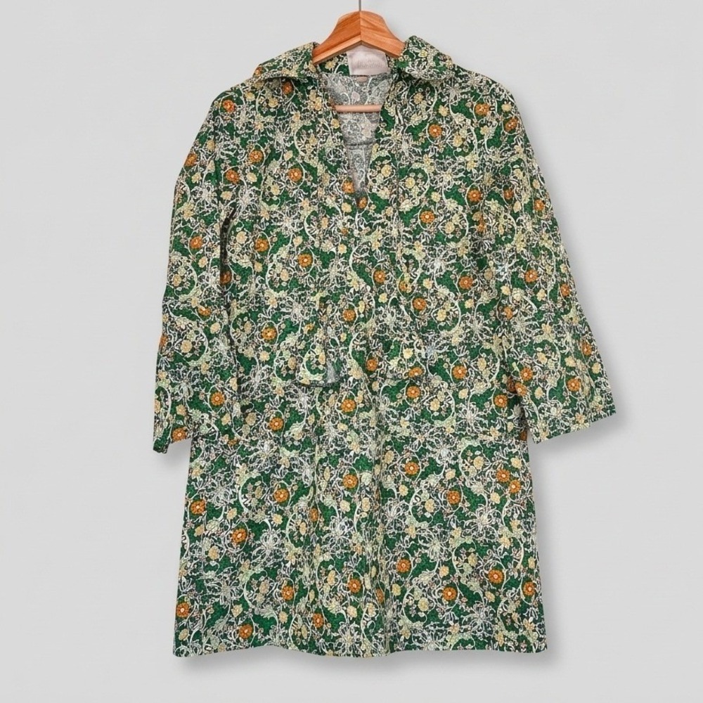 Hyacinth House Green Floral Tassel VNeck Mini Dress Cotton XXS Mod Retro Cottage